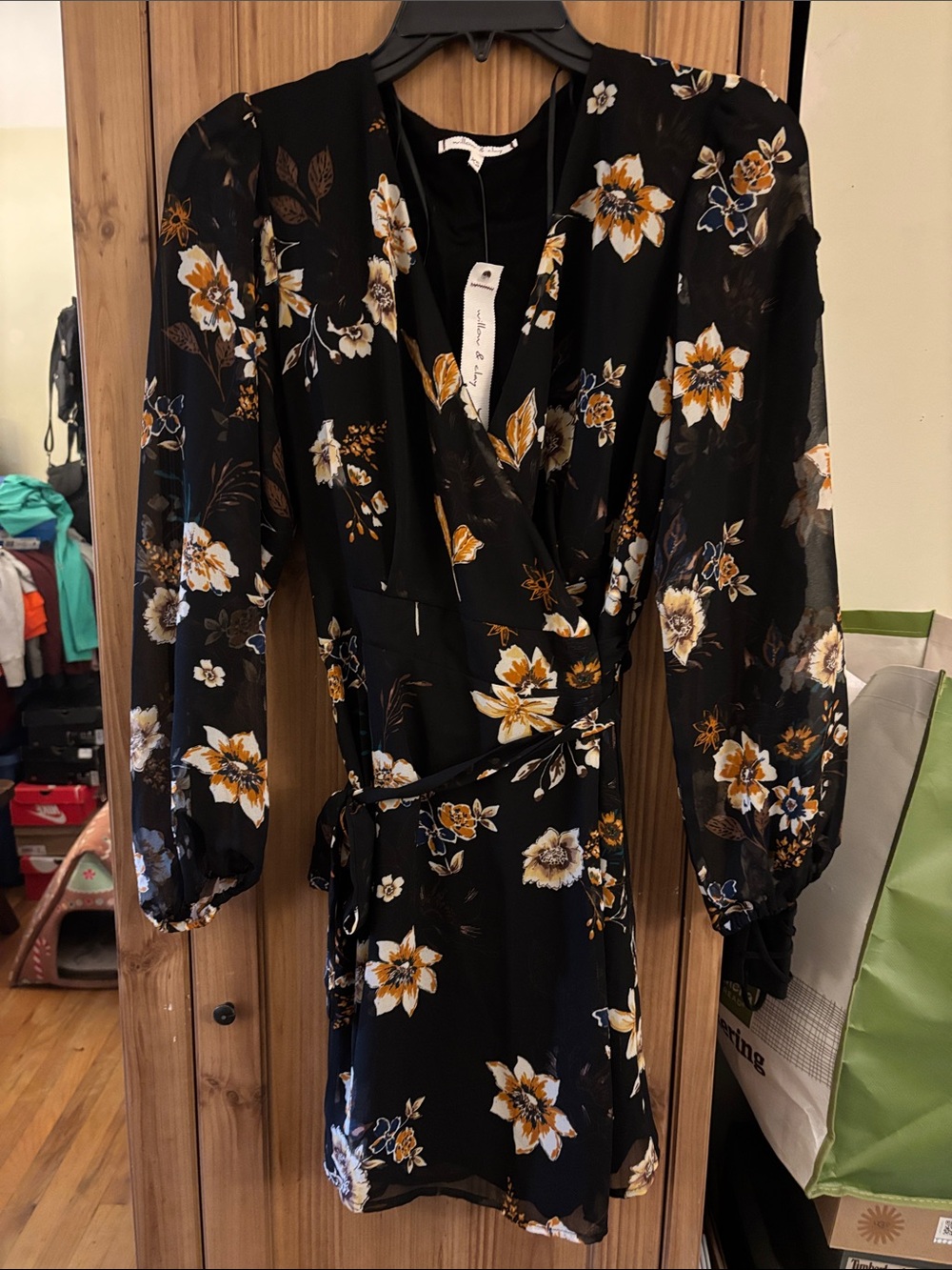 Willow & Clay Black Floral Long Mesh Sleeve Wrap Dress